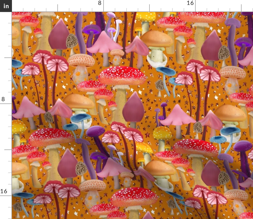 Mushroom Forest on Watercolor Copper Stars Mustard Yellow 