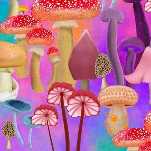 Mushroom Forest on Watercolor Abstract Pink Purple Blue Teal
