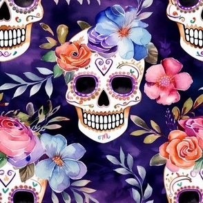 Medium Colorful Sugar Skulls and Watercolor Flowers