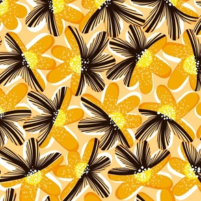 Large-scale Modern Coneflower Floral Pattern in Gold and Black