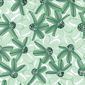 Large-scale Modern Coneflower Floral Pattern in Meadow Green