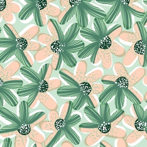 Large-scale Modern Coneflower Floral Pattern in Meadow Green and Pink