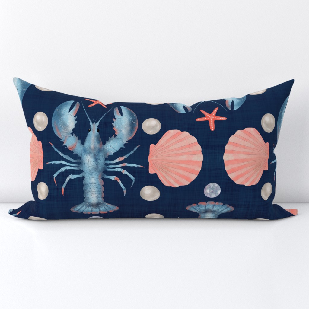 (L) Maritime Fantasy - Blue Lobster & Salmon Seashells, Navy Blue Textured Backdrop
