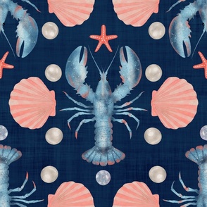 (L) Maritime Fantasy - Blue Lobster & Salmon Seashells, Navy Blue Textured Backdrop