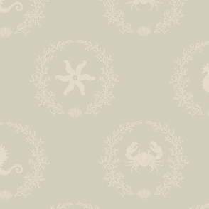 Coral wreaths around starfish, seahorses and crabs, hues of pale almond beige