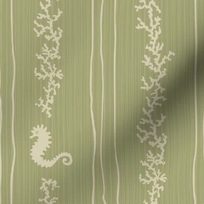 Coral garland stripes with seahorses, hues of muted olive