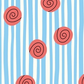 (MEDIUM) Abstract Bold Red Roses for Girls on Sketchy Baby Blue Stripes 
