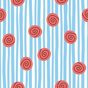  (LARGE) Abstract Bold Red Roses for Girls on Sketchy Baby Blue Stripes