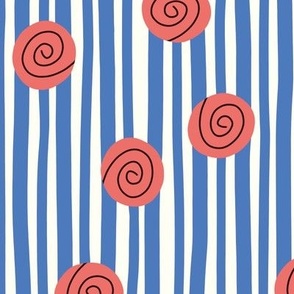 (MEDIUM) Abstract Bold Red Roses for Girls on Sketchy Dark Blue Stripes 