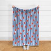 (LARGE) Abstract Bold Red Roses for Girls on Sketchy Dark Blue Stripes 