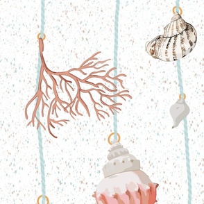 watercolor seashells and corals on mint strings on a textured white background - large scale