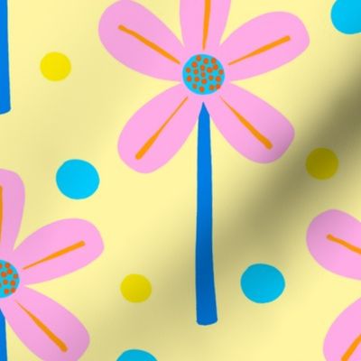 Windmill Flowers Mini Pastel Pink, Pale Yellow, Citrus Orange, Cherry Red, Royal Blue, And Turquoise Blue Mini Picnic Party Fun Cute Sweet Retro Modern Scandi Half-Drop Daisy Garden And Polka Dot 70’s Floral Pattern