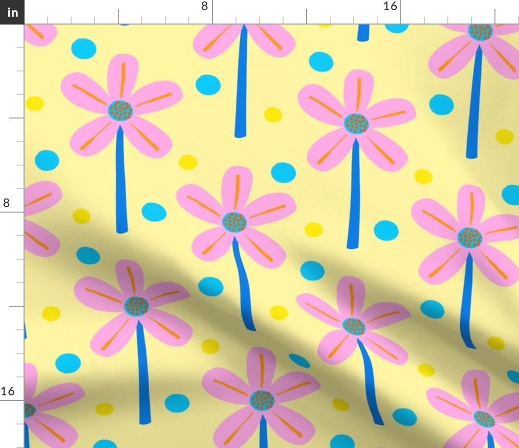 Windmill Flowers Mini Pastel Pink, Pale Yellow, Citrus Orange, Cherry Red, Royal Blue, And Turquoise Blue Mini Picnic Party Fun Cute Sweet Retro Modern Scandi Half-Drop Daisy Garden And Polka Dot 70’s Floral Pattern