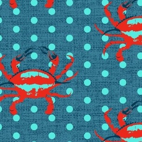 Medium scale bright red and aqua crabs with polka dots on a washed blue denim texture. 