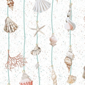watercolor seashells and corals on mint strings on a textured white background - medium scale