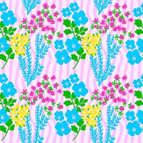 Fern Meadow Flowers Mini Wavy Pastel Pink Stripe Lemon Yellow, Cerise Hot Pink, Baby Turquoise Blue And Grass Green Retro Modern Scandi Coastal Granny Summer Cottage Vintage Garden Wallpaper Style Repeat Floral Pattern