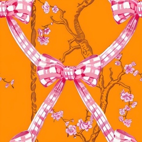 Pink gingham bows on orange toile