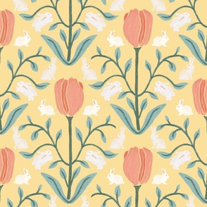 Easter Tulips and bunnies on pastel yellow