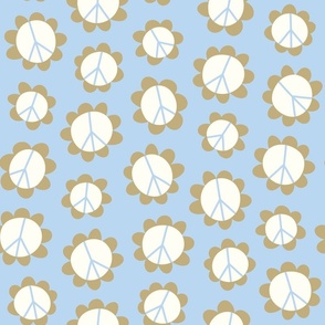 (MEDIUM) White and Ecru Brown Peace Flowers on Baby Blue