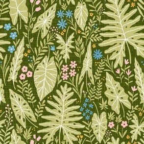 (M)-Woodland Retro- Tropical leaves-Forest Botanical-Vintage Boho Floral Flowers-Olive Green
