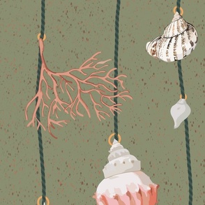 watercolor seashells and corals on dark green strings on a textured green background - large scale