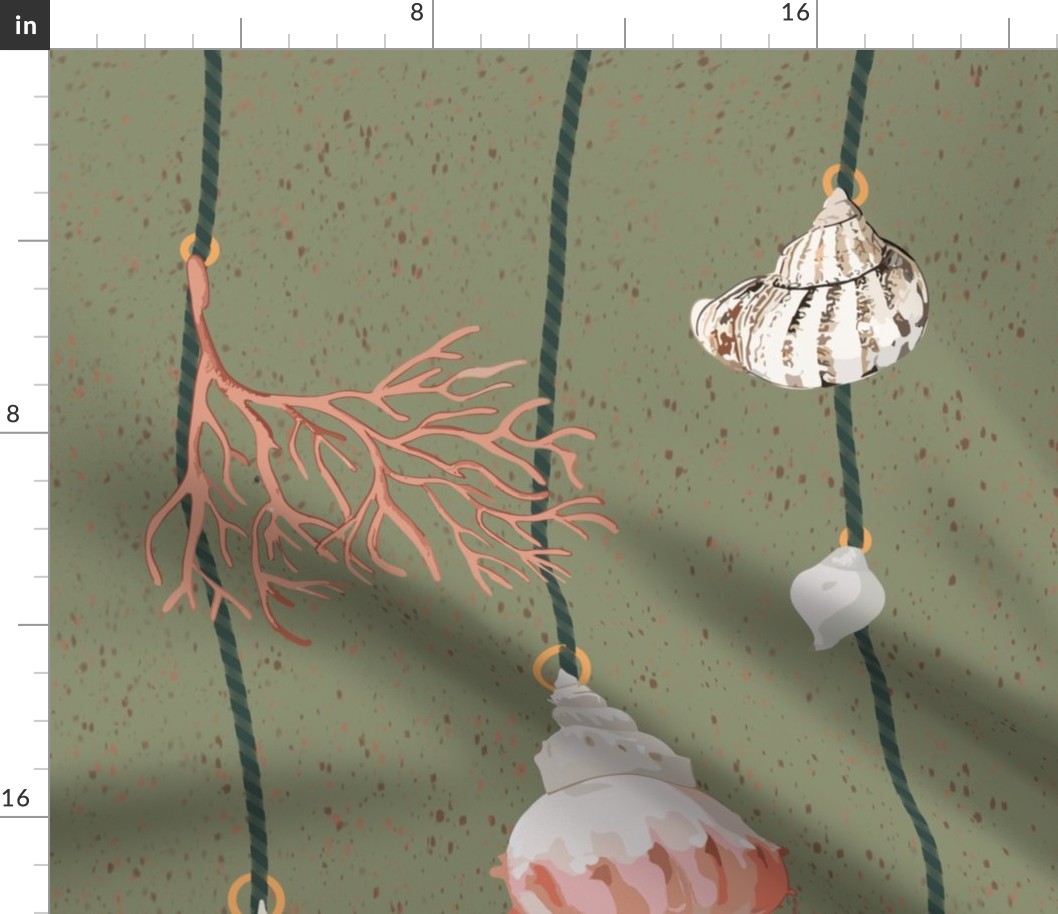 watercolor seashells and corals on dark green strings on a textured green background - large scale