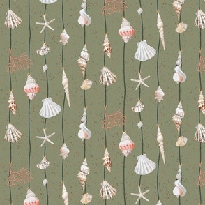 watercolor seashells and corals on dark green strings on a textured green background - small scale
