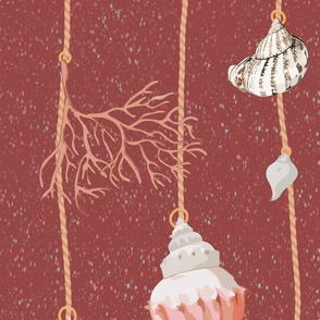 watercolor seashells and corals on pink strings on a textured dark red background - large scale