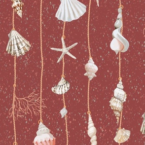 watercolor seashells and corals on pink strings on a textured dark red background - medium scale