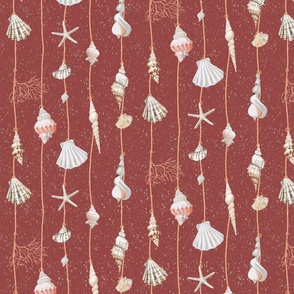watercolor seashells and corals on pink strings on a textured dark red background - small scale