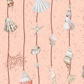 watercolor seashells and corals on dark red strings on a textured pink background - medium scale