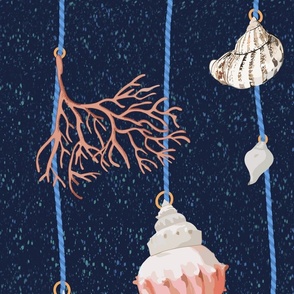 watercolor seashells and corals on blue strings on a textured dark blue background - medium scale