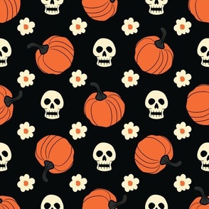 Harvest Haunt: Pumpkins, Skulls, and Flowers Halloween Fabric, Large Scale