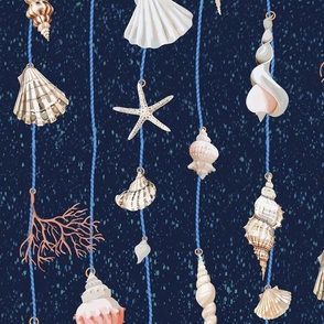 watercolor seashells and corals on blue strings on a textured dark blue background - medium scale