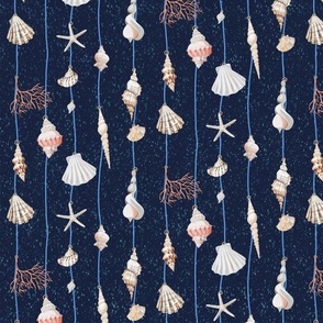 watercolor seashells and corals on blue strings on a textured dark blue background - small scale