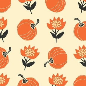 Autumn Pumpkin and Flower Pattern on Beige Background