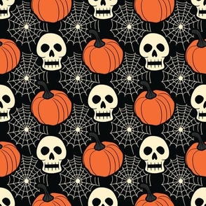 Spooky Halloween Skull and Pumpkin Pattern on Black