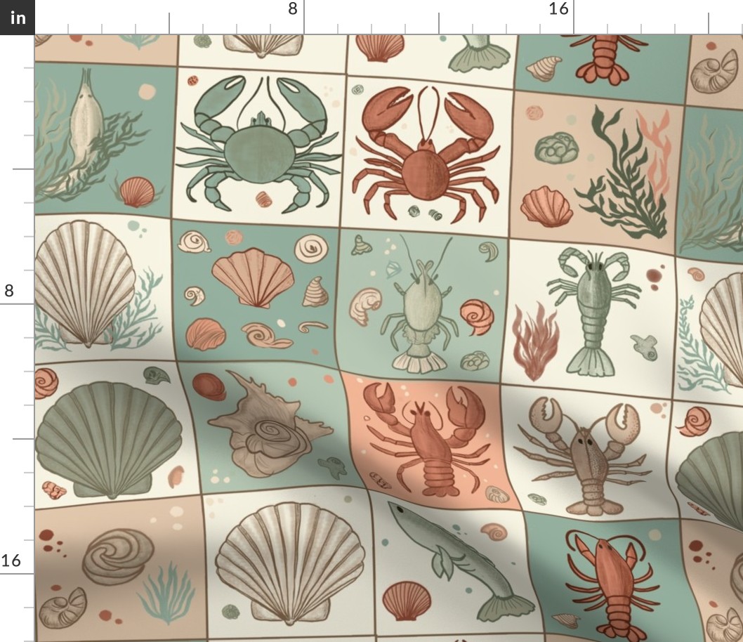 Crustacean Core Lobsters, Shells, & Crabs | Hand Drawn Windowpane Style Pattern of Ocean Animals on Background of Seafoam Green, Coral and Pinks