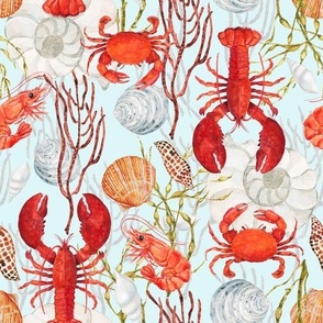 Crustacean Core, Red Lobster, Crab, Shrimp, Sea Shells, Seaweed on Baby Blue, Watercolor, L