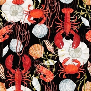 Crustacean Core, Red Lobster, Crab, Shrimp, Sea Shells, Seaweed on Black, Watercolor, L