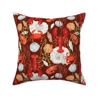 Crustacean Core, Red Lobster, Crab, Shrimp, Sea Shells, Seaweed on Deep Brown, Watercolor, L