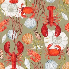 Crustacean Core, Red Lobster, Crab, Shrimp, Sea Shells, Seaweed on Dark Sage, Watercolor, L