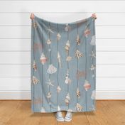 watercolor seashells and corals on green strings on a textured muted blue background - large scale