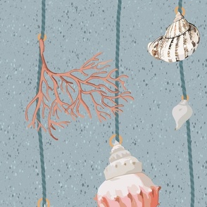 watercolor seashells and corals on green strings on a textured muted blue background - large scale