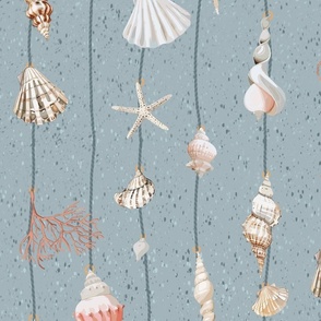 watercolor seashells and corals on green strings on a textured muted blue background - medium scale