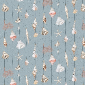 watercolor seashells and corals on green strings on a textured muted blue background - small scale