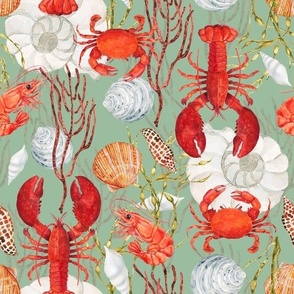 Crustacean Core, Red Lobster, Crab, Shrimp, Sea Shells, Seaweed on Sage, Watercolor, L
