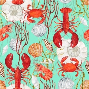 Crustacean Core, Red Lobster, Crab, Shrimp, Sea Shells, Seaweed on Light Aqua, Watercolor, L