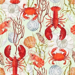 Crustacean Core, Red Lobster, Crab, Shrimp, Sea Shells, Seaweed on Light Green, Watercolor, L