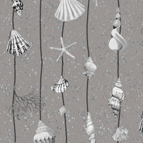 watercolor seashells and corals on black strings on a textured silver grey background - medium scale